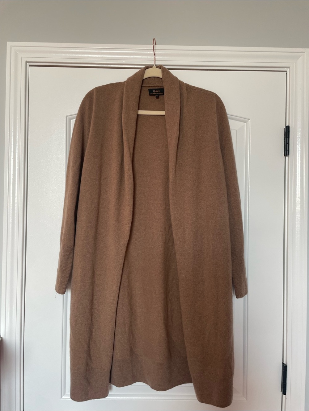 Quince Cashmere Open-Front Long Cardigan in Camel